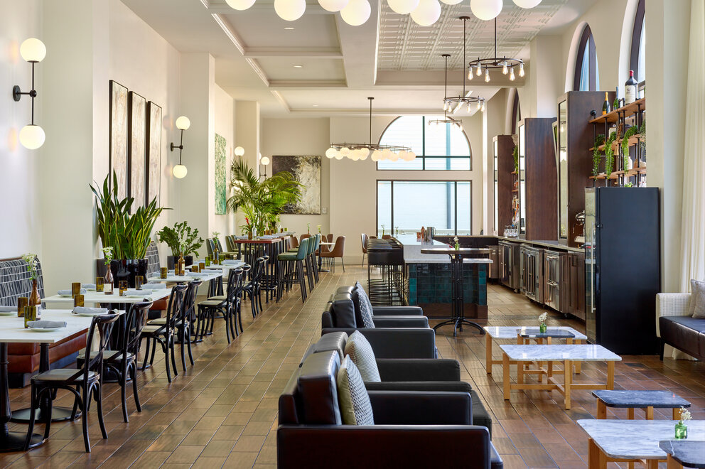 a room with tables and chairs